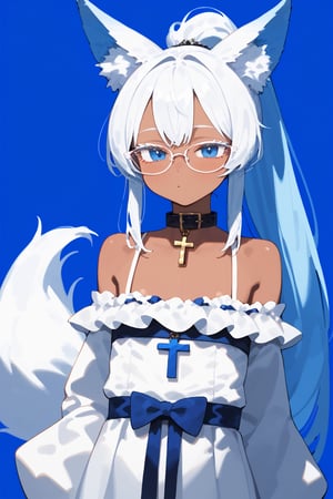 masterpiece, best quality,Tekeli,white fox ears,animal ear fluff,white fox tail,white hair,blue inner hair,long ponytail,sidelocks,((white eyelashes)),(blue eyes:1.3),blue_glasses,fashion,crucifix_collar,blush,off-shoulder,flat chest,otoko no ko,((tanned skin,wheatish complexion,dark skin))