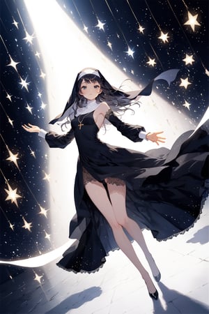 masterpiece, best quality, aesthetic,a nun,bright eyes,lace,floating sensation,Sideboob,holding the hope,stars,particle effects,extreme lighting and shadows,the boundary between light and shadow,highleg