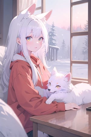 masterpiece, best quality, aesthetic,a fox girl,child,white hair,lang hair,amber eyes,Look out the window,winter landscape,Cozy,dusk,indoors,watercolor \(medium\),Color Booster,perfect light