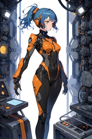 A female mecha pilot,black and orange Tight-fitting pilot suit,blue Ponytail,blue hair,,Thick bangs,Socket,Neural interface,Visual information,Initiate,masterpiece, best quality, aesthetic,glow,LED strip,EL