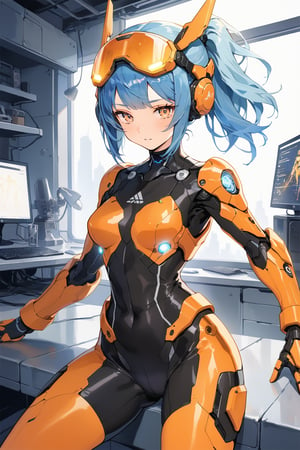 A female mecha pilot,black and orange Tight-fitting pilot suit,blue Ponytail,blue hair,,Thick bangs,Socket,Neural interface,Visual information,Initiate,masterpiece, best quality, aesthetic,glow,LED strip,EL