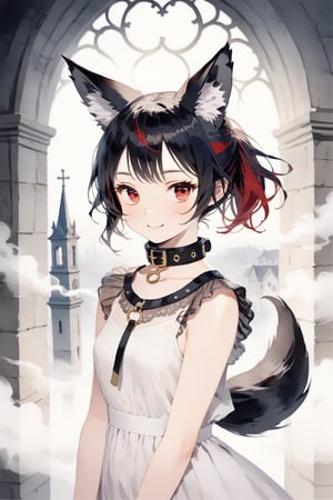 masterpiece, best quality, aesthetic,1girl,solo,Tekeli,black fox ears,animal ear fluff,black fox tail,black hair,red inner hair,short ponytail,sidelocks,(red eyes:1.3),fashion,cat_collar,blush,scenery, ((fog,Haze,Gloom)),blurry background,blurry foreground,A digital double exposure photo,looking at viewer,:>,smile,Realistic,Backlit,church bell,impasto style