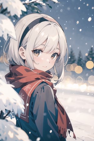 masterpiece,extremely detailed,A lovely girl,light （brown_longhair：1.4）,brown_bright eyes,Gentle expression,black_jkseifuku,Black_headband,red_scarf,snow,Falling snowflakes,winter,（Warm light：1.4）,（Warm tones：1.4）,:),（depth of field：1.6）,200mm,f/2,depth of field,evening,（night：1.8）,shadow,Highlight the characters,