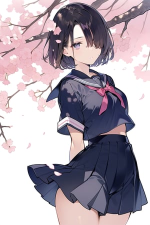 masterpiece, best quality, aesthetic,a mature woman,hair over one eye,samurai,(vintage jkseifuku:1.4),black short hair,sakura