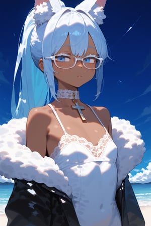 score_9, score_8, score_7,masterpiece, best quality,Tekeli,white fox ears,animal ear fluff,white fox tail,white hair,blue inner hair,long ponytail,sidelocks,((white eyelashes)),(blue eyes:1.3),blue_glasses,fashion,crucifix_collar,blush,off-shoulder,flat chest,otoko no ko,((tanned skin,wheatish complexion,dark skin))