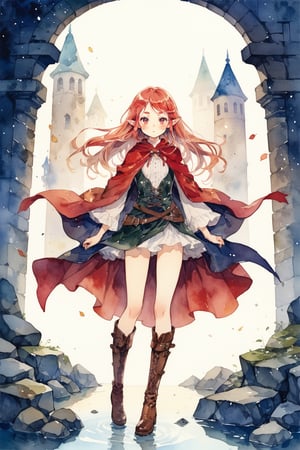 masterpiece, best quality, aesthetic,1girl,solo,elf,tareme,thick eyebrows,[yellow|red] hair,lang hair,hair tie,leather boots,long fall boots,pelvic curtain,,watercolor \(medium\),illustration background