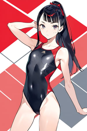 masterpiece, best quality,aesthetic,A mature woman,Sister,Thick brows,(diagonal bangs:1.2),ponytail,hair ribbon,black Smooth long hairred,black straight hair BREAK (red competition swimsuit:1.4),(full shot:1.6),looking at viewer,(mole under eye:1.2),diagonal bangs,Geometric creative background

