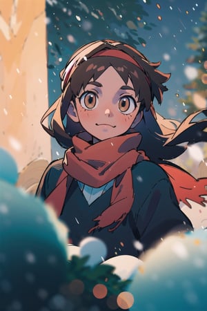 masterpiece,extremely detailed,A lovely girl,light （brown_longhair：1.4）,brown_bright eyes,Gentle expression,black_jkseifuku,Black_headband,red_scarf,snow,Falling snowflakes,winter,（Warm light：1.4）,（Warm tones：1.4）,:),（depth of field：1.6）,200mm,f/2,depth of field,evening,（night：1.2）,shadow,Highlight the characters,（christmas：1.8）,depth of field,ghibli,best quality,High detailed ,（light_face：1.2）,（light Illuminates the face：1.8）,（Bright faces：1.4）