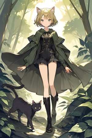 a lovely girl,gold short hair BREAK green-cloaked ranger,cat ear,leather_long fall boots,jungle,natural light,masterpiece,absurdres,best quality,aesthetic