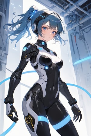 A female mecha pilot,black Tight-fitting pilot suit,blue Ponytail,blue hair,,Thick bangs,Socket,Neural interface,Visual information,Initiate,masterpiece, best quality, aesthetic,glow,LED strip,EL wire