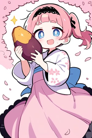 masterpiece, best quality,Pretty woman,(Pale pink twintails),Black bow headband,Thin eyebrows,light blue eyes,（Sakura kimono：1.4）,Long skirts,Touched smile,gentle smile,Facial flushing,Cherry blossom,thick bangs,((Holding up a sweet potato,Holding a sweet potato,look of admiration)),sparkle,Making an entrance,Focused attention_potato