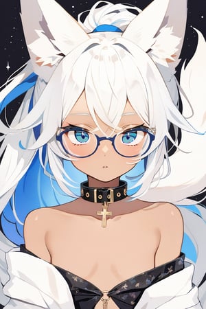 masterpiece, best quality,Tekeli,white fox ears,animal ear fluff,white fox tail,white hair,blue inner hair,long ponytail,sidelocks,(blue eyes:1.3),blue_glasses,fashion,crucifix_collar,blush,off-shoulder,flat chest,otoko no ko,((tanned skin,wheatish complexion,dark skin))