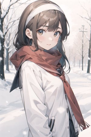 masterpiece,A lovely girl,light brown_longhair,brown_bright eyes,Gentle expression,jkseifuku,Black_headband,red_scarf,snow,Falling snowflakes,winter,（Warm light：1.2）,（Warm tones：1.4）,:),（depth of field：1.4）,15mm,f/1.2