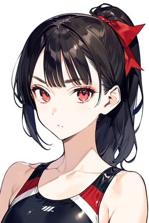 masterpiece, best quality,aesthetic,A mature woman,Sister,Thick brows,(diagonal bangs:1.2),ponytail,hair ribbon,black Smooth long hairred,black straight hair BREAK (red competition swimsuit:1.4),(cowboy shot:1.4),looking at viewer,mole under eye,diagonal bangs

