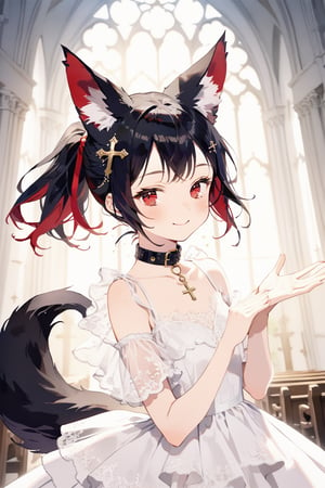 masterpiece, best quality, aesthetic,1girl,solo,Tekeli,black fox ears,animal ear fluff,black fox tail,black hair,red inner hair,(short ponytail:1.4),sidelocks,(red eyes:1.3),fashion,cat_collar,blush,church,natural light,bless you,cross hair accessory,smile,closed mouth,open arms