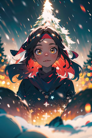 masterpiece,extremely detailed,A lovely girl,light （brown_longhair：1.4）,brown_bright eyes,Gentle expression,black_jkseifuku,Black_headband,red_scarf,snow,Falling snowflakes,winter,（Warm light：1.4）,（Warm tones：1.4）,:),（depth of field：1.6）,200mm,f/2,depth of field,evening,（night：1.2）,shadow,Highlight the characters,（christmas：1.8）,depth of field,ghibli,best quality,High detailed ,light_face,（light Illuminates the face：1.8）