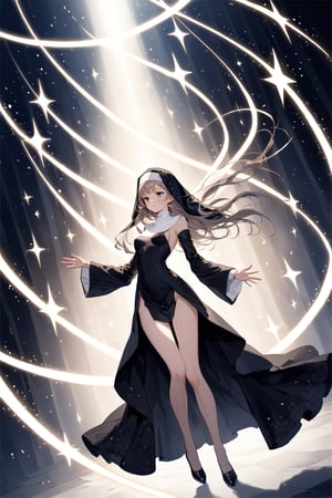 masterpiece, best quality, aesthetic,a nun,bright eyes,lace,floating sensation,Sideboob,holding the hope,stars,particle effects,extreme lighting and shadows,the boundary between light and shadow,highleg