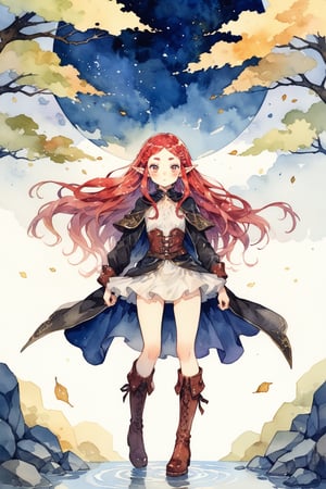 masterpiece, best quality, aesthetic,1girl,solo,elf,tareme,thick eyebrows,[yellow|red] hair,lang hair,hair tie,leather boots,long fall boots,pelvic curtain,,watercolor \(medium\),illustration background