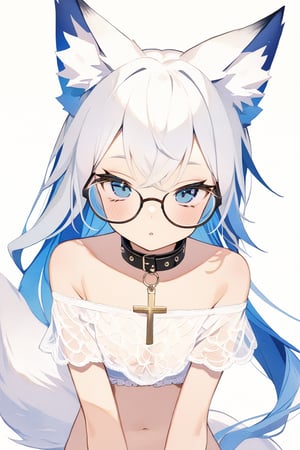 masterpiece, best quality,Tekeli,white fox ears,animal ear fluff,white fox tail,white hair,blue inner hair,long ponytail,sidelocks,(blue eyes:1.3),blue_glasses,fashion,crucifix_collar,blush,off-shoulder,flat chest,otoko no ko,tanned skin,wheatish complexion