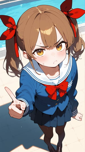 score_9, score_8, score_7, score_6, masterpiece, best quality,a tsundere girl,tsundere,brown twintails,red cruciform hair ribbon,jkseifuku,pantyhose,from above,pointing at the audience