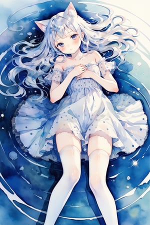 masterpiece, best quality, aesthetic,1woman,solo,cat girl,white hair,straight hair,white thighhighs,lying,fetal position,curled up,from above,polka dot,water ripple,water surface,reflection light,Reflection,watercolor \(medium\)