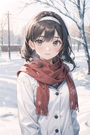 masterpiece,A lovely girl,brown_longhair,brown_bright eyes,Gentle expression,jkseifuku,Black_headband,red_scarf,snow,snowflakes,Falling snowflakes,winter,（Warm light：1.2）,Warm tones