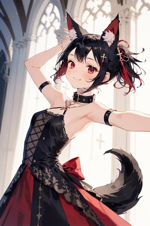 masterpiece, best quality, aesthetic,1girl,solo,Tekeli,black fox ears,animal ear fluff,black fox tail,black hair,red inner hair,(short ponytail:1.4),sidelocks,(red eyes:1.3),fashion,cat_collar,blush,church,natural light,bless you,cross hair accessory,smile,closed mouth,open arms,spread armpit