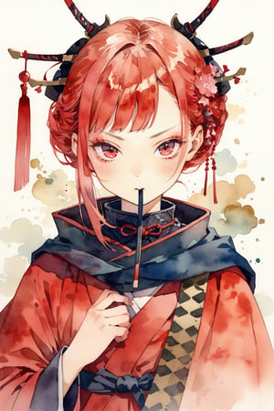 masterpiece, best quality, aesthetic,a woman,hair stick,light red hair,diagonal bangs,cape,scarf over mouth,dutch angle,samurai,portrait,watercolor \(medium\),straight eyebrows