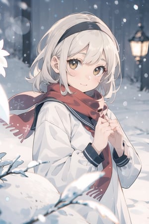 masterpiece,extremely detailed,A lovely girl,light （brown_longhair：1.4）,brown_bright eyes,Gentle expression,black_jkseifuku,Black_headband,red_scarf,snow,Falling snowflakes,winter,（Warm light：1.4）,（Warm tones：1.4）,:),（depth of field：1.6）,200mm,f/2,depth of field,evening,（night：1.8）,shadow,Highlight the characters,