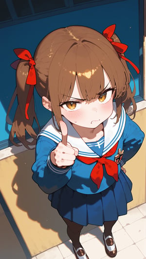 score_9, score_8, score_7, score_6, masterpiece, best quality,a tsundere girl,tsundere,brown twintails,red cruciform hair ribbon,jkseifuku,pantyhose,from above,pointing at the audience