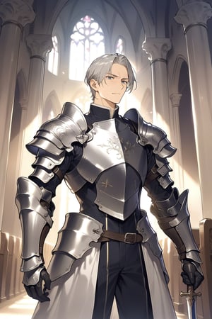 masterpiece,  best quality,  aesthetic ,a Mature man_knight in full armor,church