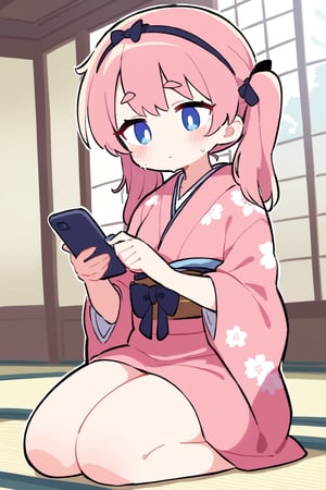 masterpiece, best quality,Pretty woman,(Pale pink twintails),Black bow headband,Thin eyebrows,light blue eyes,（Sakura kimono：1.4）,Long skirts,Facial flushing,Cherry blossom,thick bangs,((Holding a phone,Confused,contemplative,Japanese-style room,Seiza))