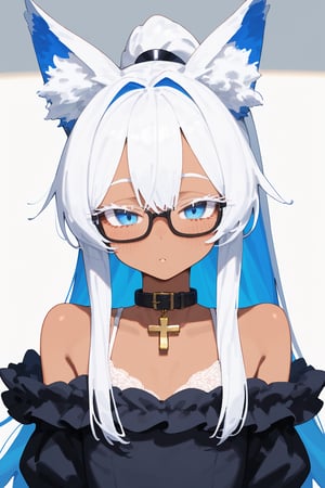 masterpiece, best quality,Tekeli,white fox ears,animal ear fluff,white fox tail,white hair,blue inner hair,long ponytail,sidelocks,((white eyelashes)),(blue eyes:1.3),blue_glasses,fashion,crucifix_collar,blush,off-shoulder,flat chest,otoko no ko,((tanned skin,wheatish complexion,dark skin))