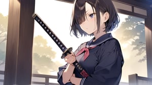 masterpiece, best quality, aesthetic,a mature woman,hair over one eye,samurai,vintage jkseifuku,black short hair,holding a katana,iaidou,dojo