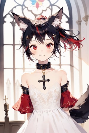 masterpiece, best quality, aesthetic,1girl,solo,Tekeli,black fox ears,animal ear fluff,black fox tail,black hair,red inner hair,(short ponytail:1.4),sidelocks,(red eyes:1.3),fashion,cat_collar,blush,church,natural light,bless you,cross hair accessory,smile,closed mouth,open arms