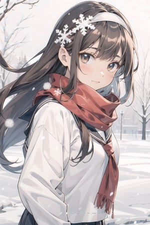 masterpiece,A lovely girl,light brown_longhair,brown_bright eyes,Gentle expression,jkseifuku,Black_headband,red_scarf,snow,snowflakes,Falling snowflakes,winter,（Warm light：1.2）,Warm tones