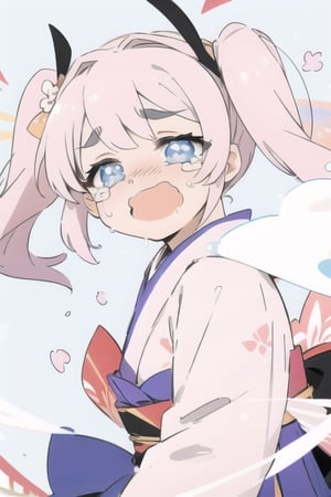 masterpiece,absurdres,best quality,extremely detailed,highres,Pretty girl,（Pale pink twintails1.2）,Black bow headband,Thin eyebrows,light blue eyes,（Sakura kimono：1.4）,Long skirts,Touched smile,Facial flushing,Floating petals,IncrsSesCry,perfect light,streaming tears,crying