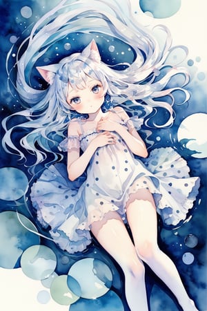masterpiece, best quality, aesthetic,1woman,solo,cat girl,white hair,straight hair,white thighhighs,lying,fetal position,curled up,from above,polka dot,water ripple,water surface,reflection light,Reflection,watercolor \(medium\)