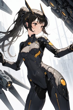 A female mecha pilot,Tight-fitting pilot suit,black Ponytail,Thick bangs,Socket,Neural interface,Visual information,Initiate,masterpiece, best quality, aesthetic