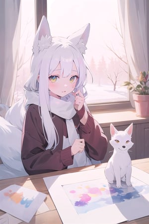 masterpiece, best quality, aesthetic,a fox girl,child,white hair,lang hair,amber eyes,Look out the window,winter landscape,Cozy,dusk,indoors,watercolor \(medium\),Color Booster,perfect light,High saturation