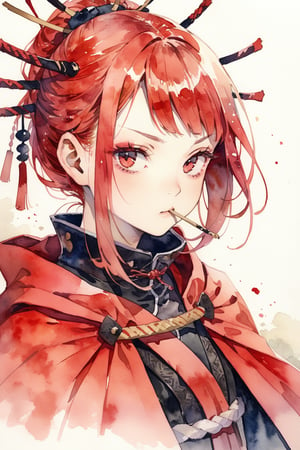 masterpiece, best quality, aesthetic,a woman,hair stick,light red hair,diagonal bangs,cape,scarf over mouth,dutch angle,samurai,portrait,watercolor \(medium\),straight eyebrows
