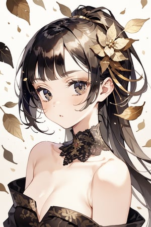 masterpiece, best quality, aesthetic,a sexy woman,((black lang hair)),hair ornament,straight eyebrows,brown-toned makeup,brown makeup look,thick bangs,ponytail holder,fringe,narrow eyes,(golden leaf:0.6)