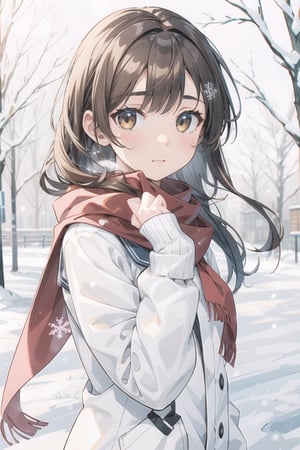 masterpiece,A lovely girl,light brown_longhair,brown_bright eyes,Gentle expression,jkseifuku,Black_headband,red_scarf,snow,Falling snowflakes,winter,（Warm light：1.2）,（Warm tones：1.4）