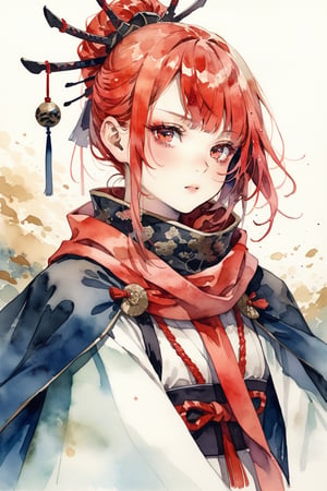 masterpiece, best quality, aesthetic,a woman,hair stick,light red hair,diagonal bangs,cape,scarf over mouth,dutch angle,samurai,portrait,watercolor \(medium\)