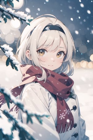 masterpiece,extremely detailed,A lovely girl,light （brown_longhair：1.4）,brown_bright eyes,Gentle expression,black_jkseifuku,Black_headband,red_scarf,snow,Falling snowflakes,winter,（Warm light：1.4）,（Warm tones：1.4）,:),（depth of field：1.6）,200mm,f/2,depth of field,evening,（night：1.8）,shadow,Highlight the characters,（christmas：1.8）,depth of field