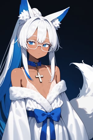 masterpiece, best quality,Tekeli,white fox ears,animal ear fluff,white fox tail,white hair,blue inner hair,long ponytail,sidelocks,((white eyelashes)),(blue eyes:1.3),blue_glasses,fashion,crucifix_collar,blush,off-shoulder,flat chest,otoko no ko,((tanned skin,wheatish complexion,dark skin))