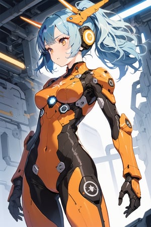 A female mecha pilot,black and orange Tight-fitting pilot suit,blue Ponytail,blue hair,,Thick bangs,Socket,Neural interface,Visual information,Initiate,masterpiece, best quality, aesthetic,glow,LED strip,EL