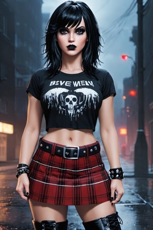 High resolution, full detailed, better image quality,

Believe me a beautiful goth girl, who has black hair with Half-sided bangs painted dark red, with a short shirt that shows the man, with a black and red plaid skirt, with black boots, with a punk style bracelet, and the punk style belt,  3/4 shot, on a foggy night street, holding her shirt up, showing off tits((nsfw)), druun4wmn