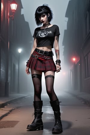 High resolution, full detailed, better image quality,

Believe me a beautiful goth girl, who has black hair with Half-sided bangs painted dark red, with a short shirt that shows the man, with a black and red plaid skirt, with black boots, with a punk style bracelet, and the punk style belt,  full body, on a foggy night street ,druun4wmn