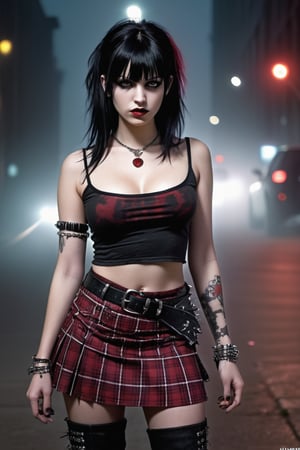 High resolution, full detailed, better image quality,

Believe me a beautiful goth girl, who has black hair with Half-sided bangs painted dark red, with a short shirt that shows the man, with a black and red plaid skirt, with black boots, with a punk style bracelet, and the punk style belt,  3/4 shot, on a foggy night street, (((flashing her tits))), holding her shirt up, showing off tits((nsfw)), druun4wmn